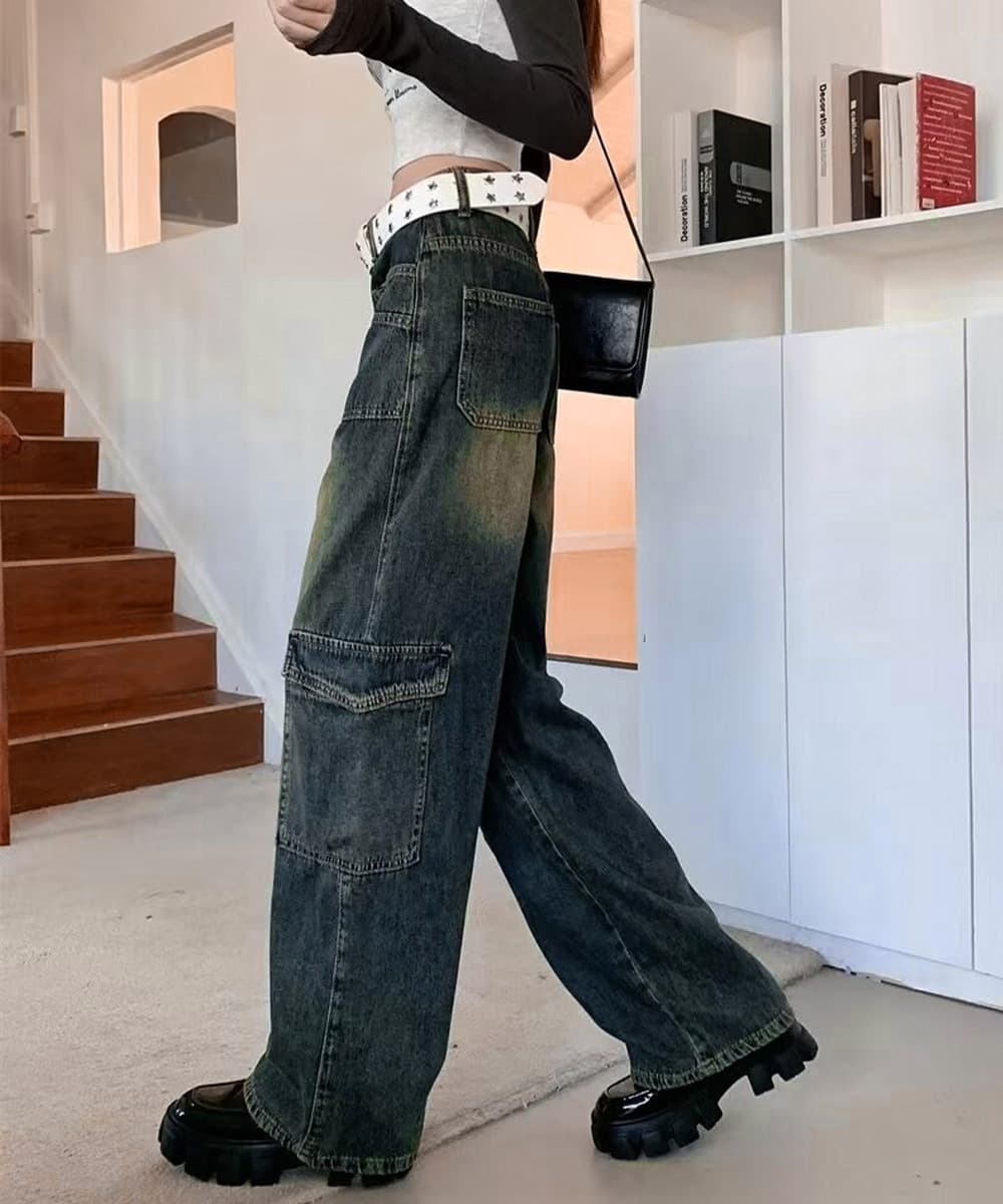ワークパンツ ハイウエストデニムカーゴパンツ レディース