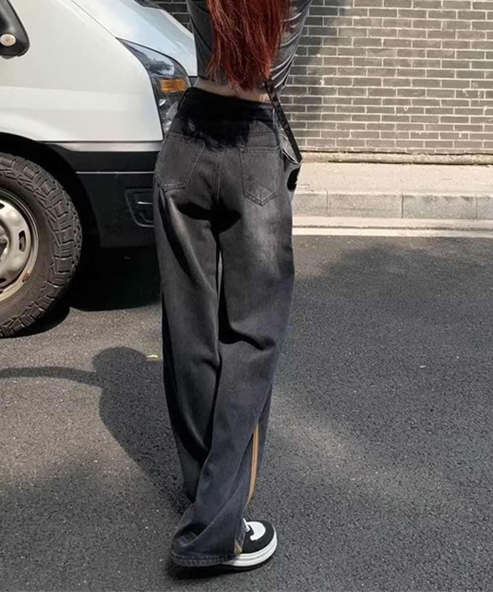 ハイウエストデニム サイドライン美脚ワークパンツ