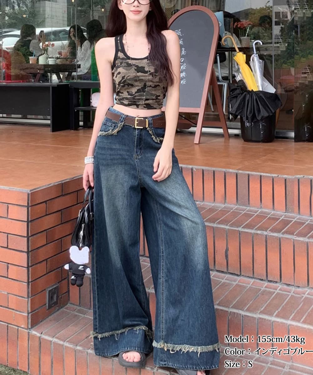 ワークパンツ フリンジ加工 ハイウエストデニムワイドパンツ