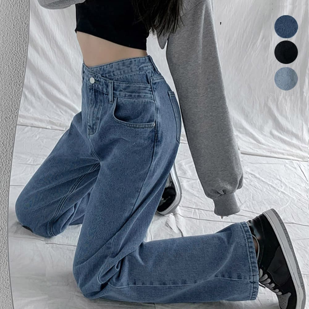 ワークパンツ 美脚ハイウエスト クロスデザインデニム