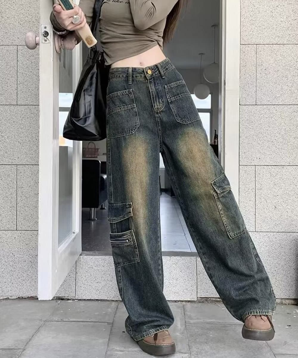 ワークパンツ ハイウエストデニムカーゴパンツ レディース