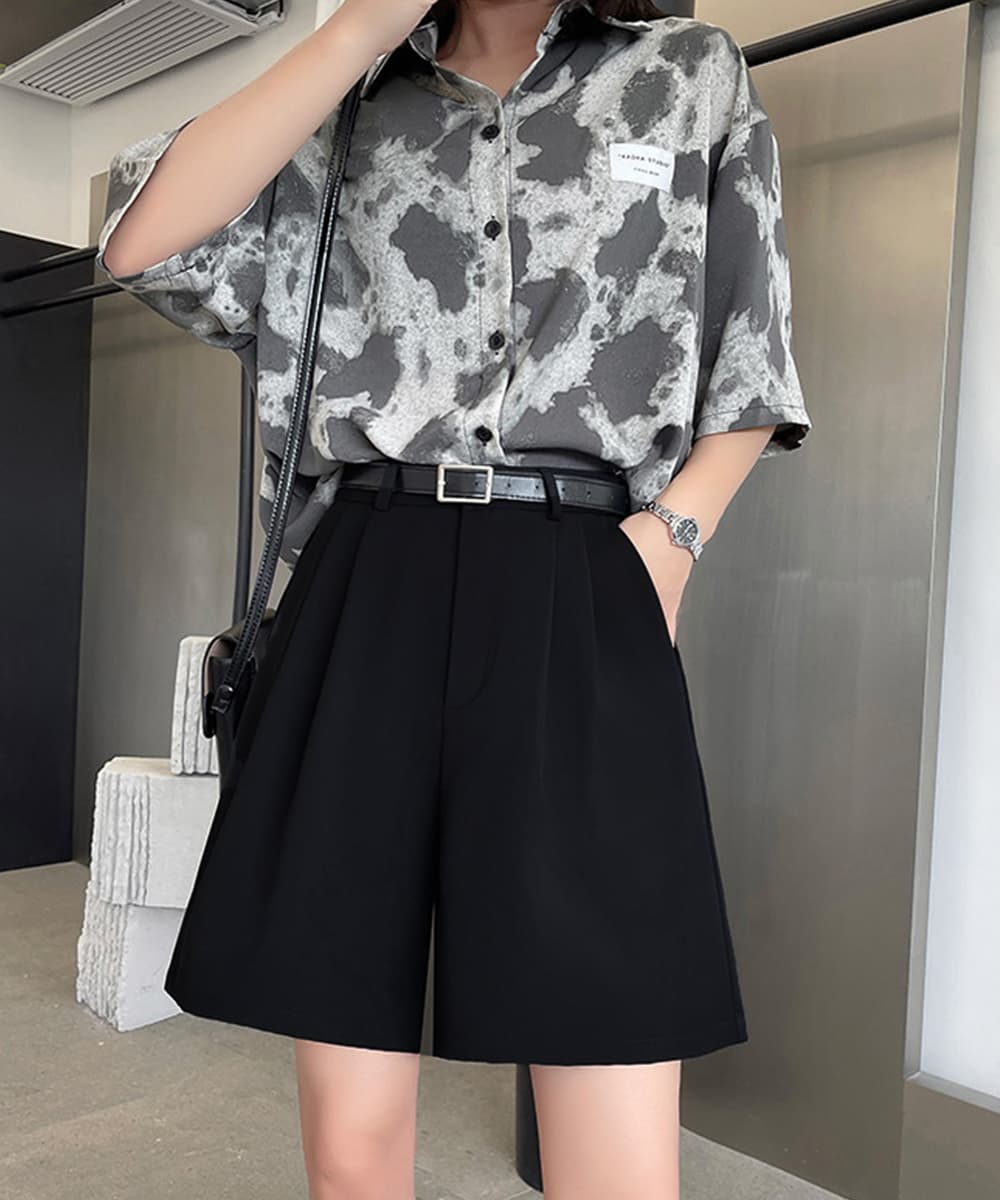 ワークパンツ ハイウエスト タック入り スラックス ショートパンツ