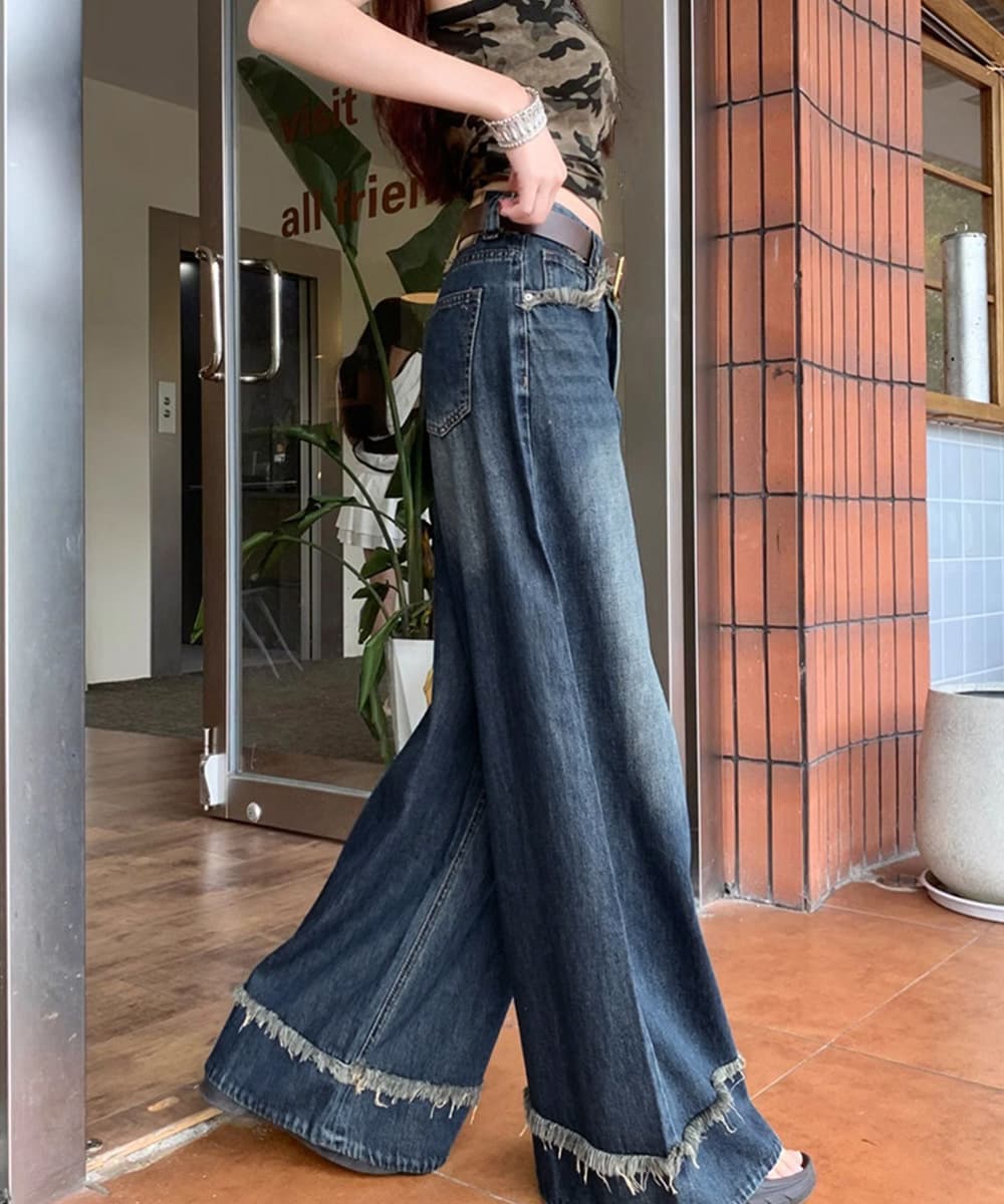 ワークパンツ フリンジ加工 ハイウエストデニムワイドパンツ