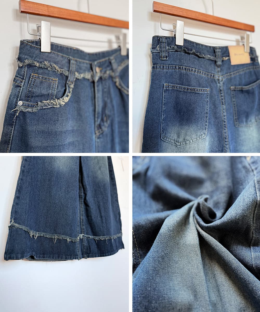 ワークパンツ フリンジ加工 ハイウエストデニムワイドパンツ