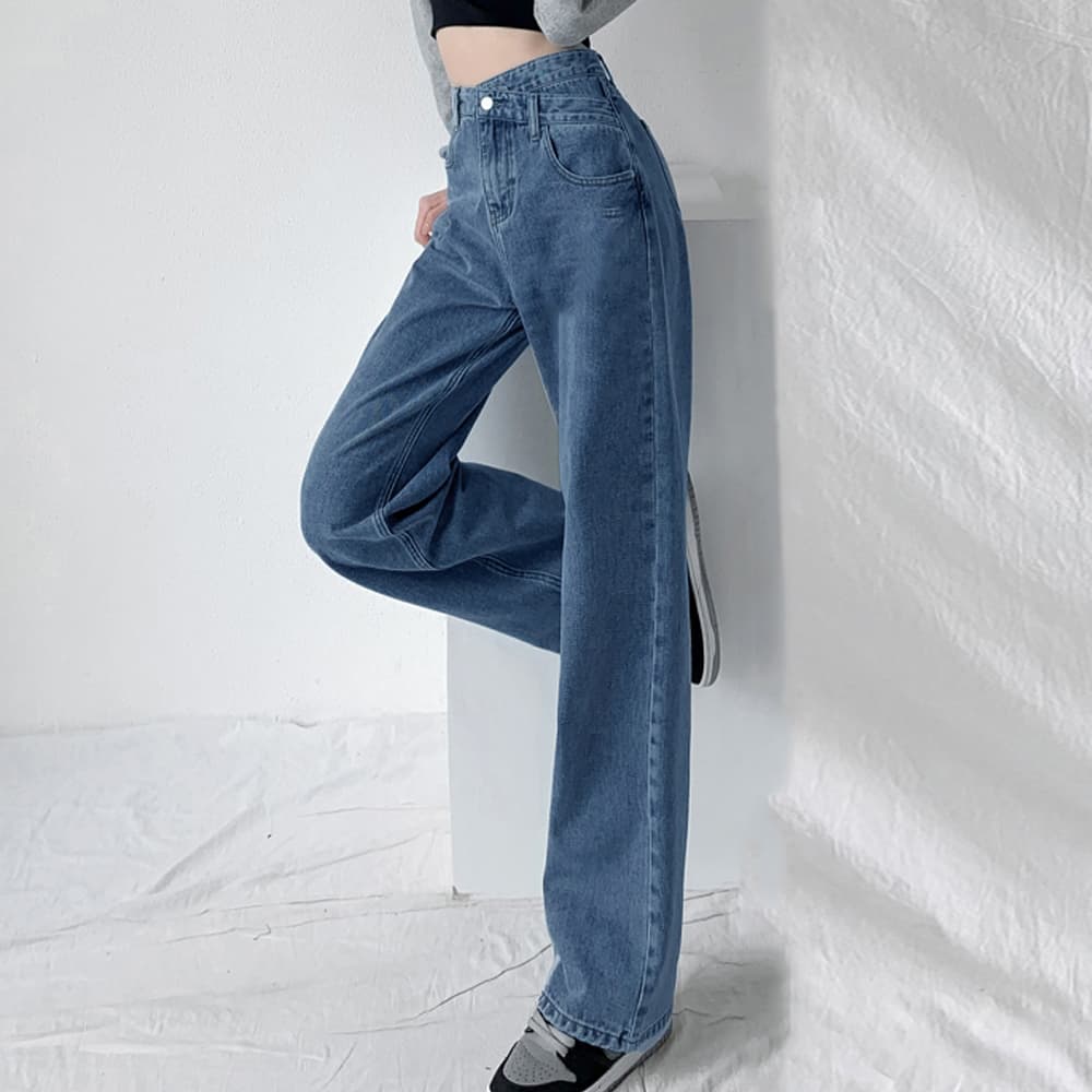 ワークパンツ 美脚ハイウエスト クロスデザインデニム
