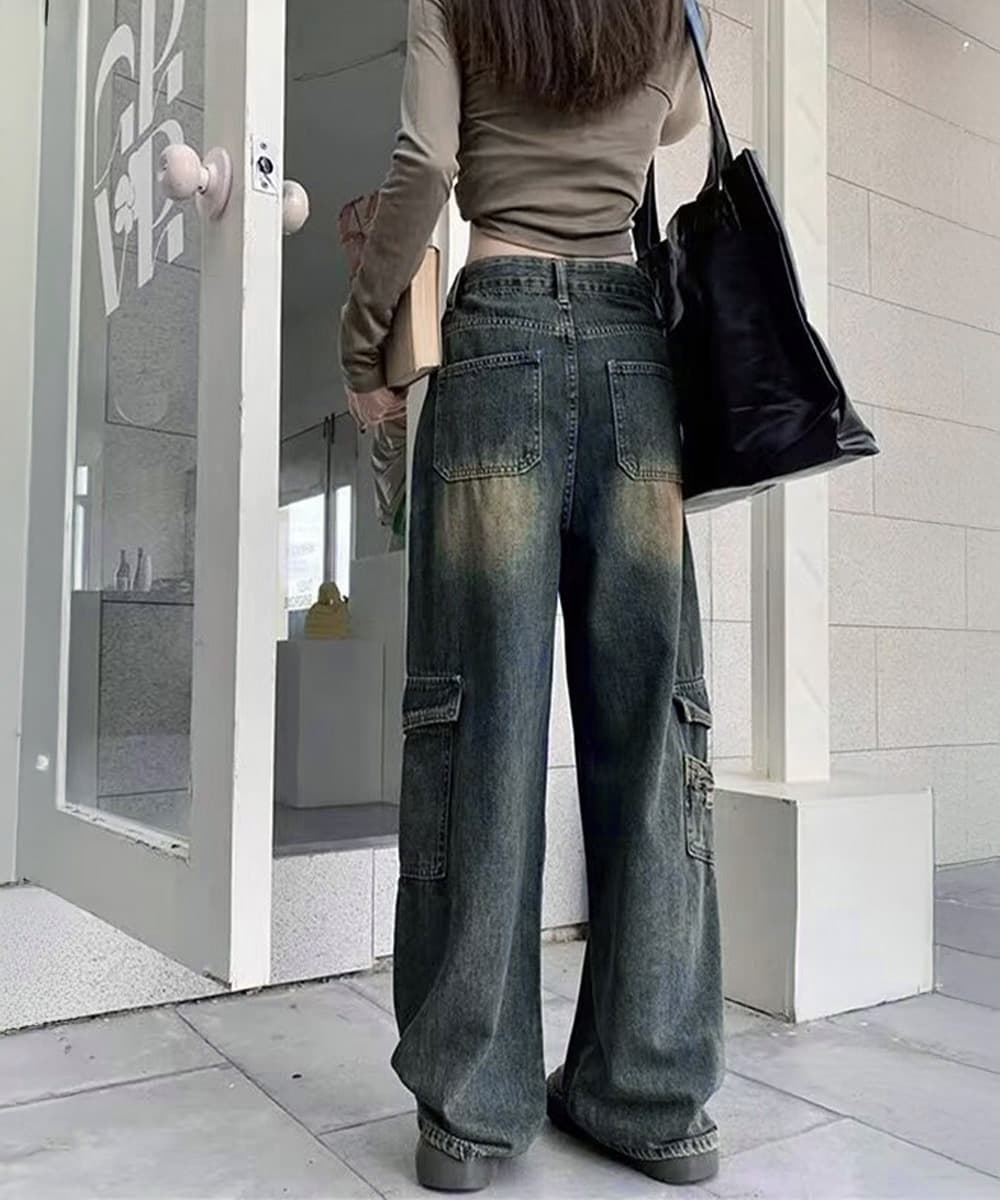 ワークパンツ ハイウエストデニムカーゴパンツ レディース