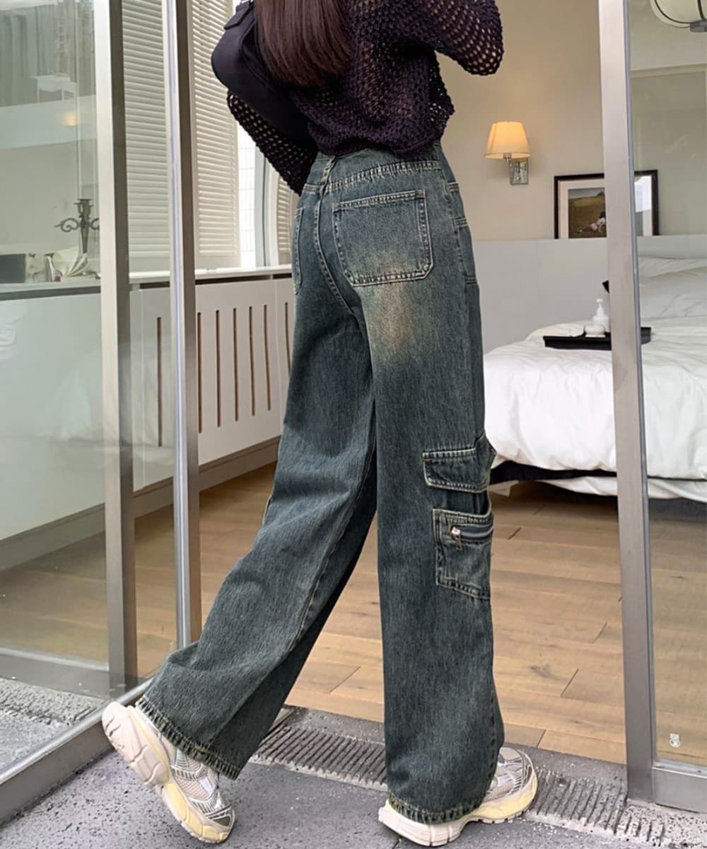 ワークパンツ ハイウエストデニムカーゴパンツ レディース