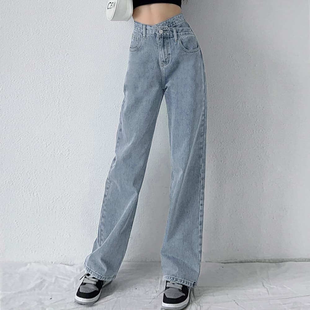 ワークパンツ 美脚ハイウエスト クロスデザインデニム