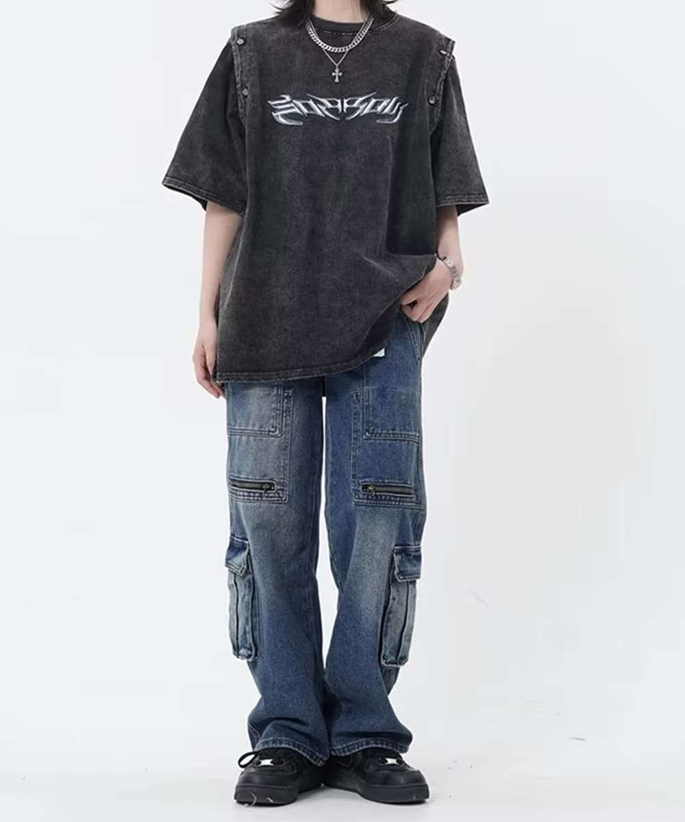 ワークパンツ デニムカーゴパンツ 美脚ワイドシルエット