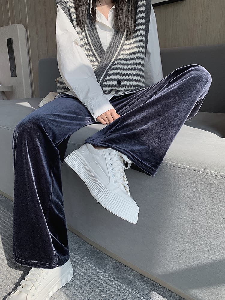 ワークパンツ ベロア素材ワイドストレートパンツ