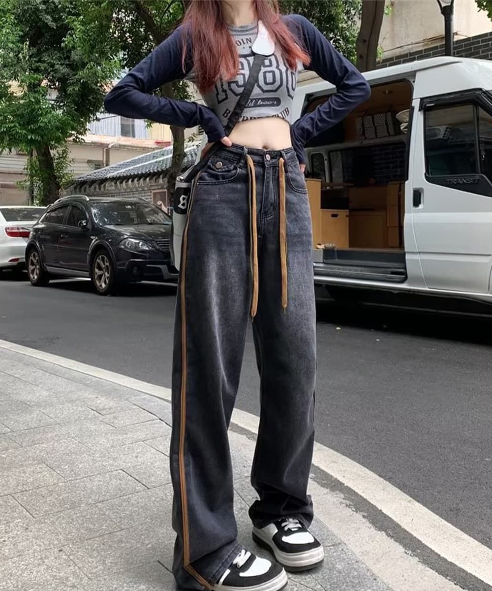 ハイウエストデニム サイドライン美脚ワークパンツ