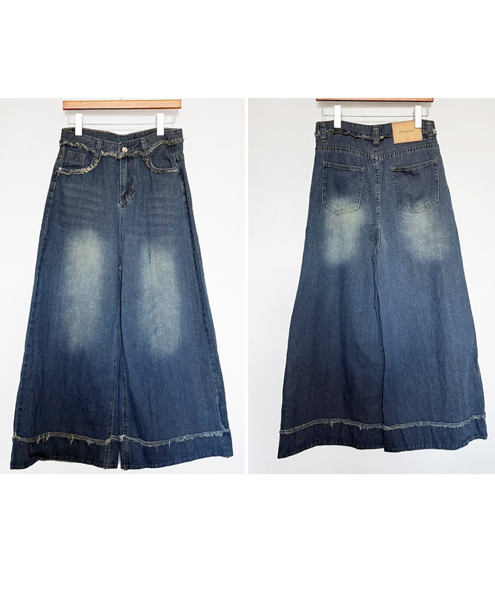 ワークパンツ フリンジ加工 ハイウエストデニムワイドパンツ