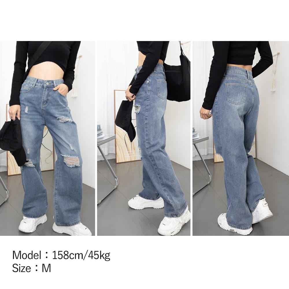 ワークパンツ ハイウエスト美脚ダメージデニム