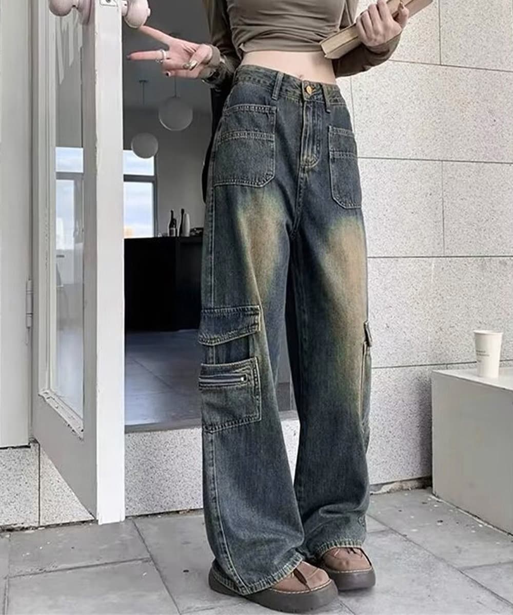 ワークパンツ ハイウエストデニムカーゴパンツ レディース
