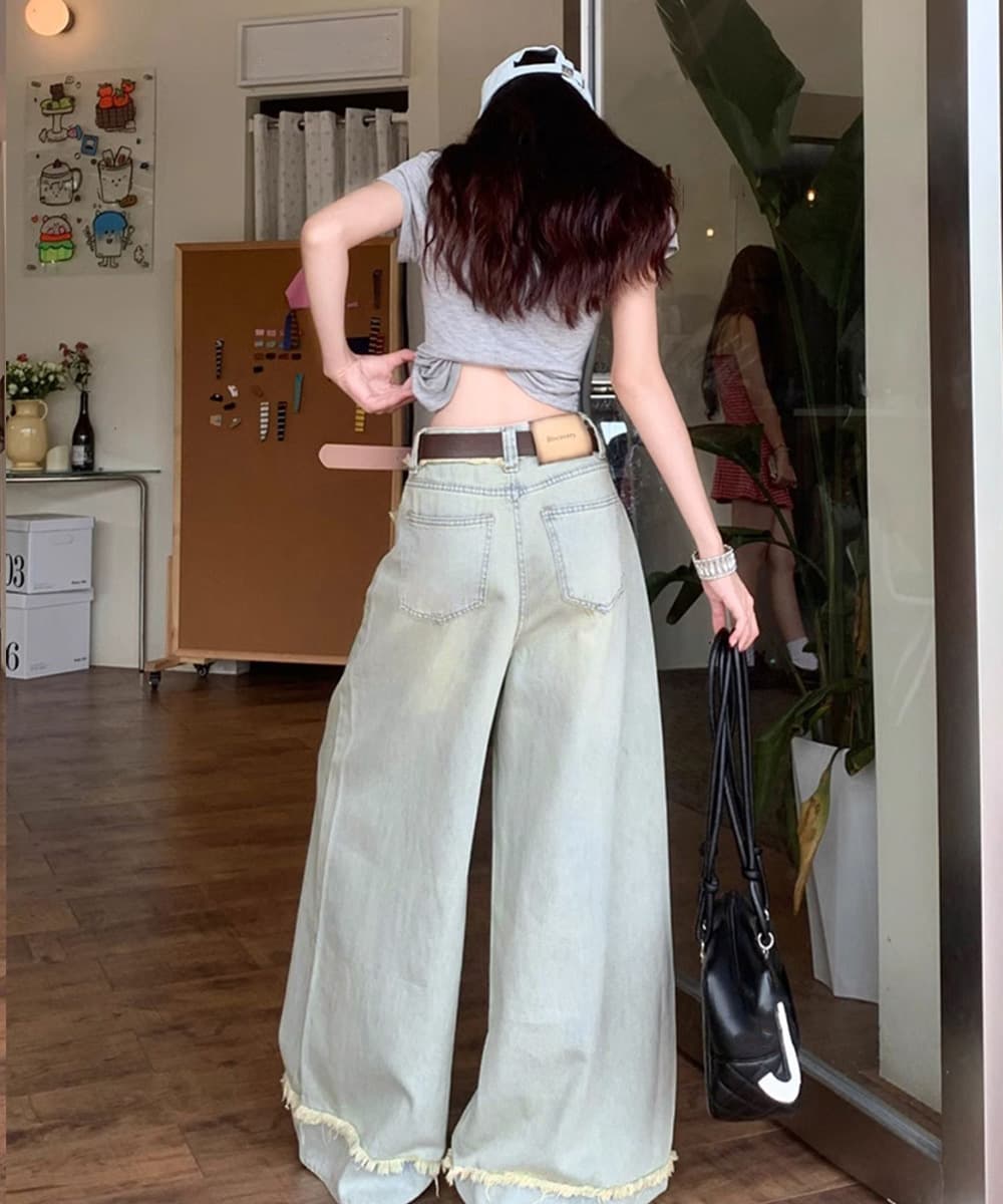 ワークパンツ フリンジ加工 ハイウエストデニムワイドパンツ