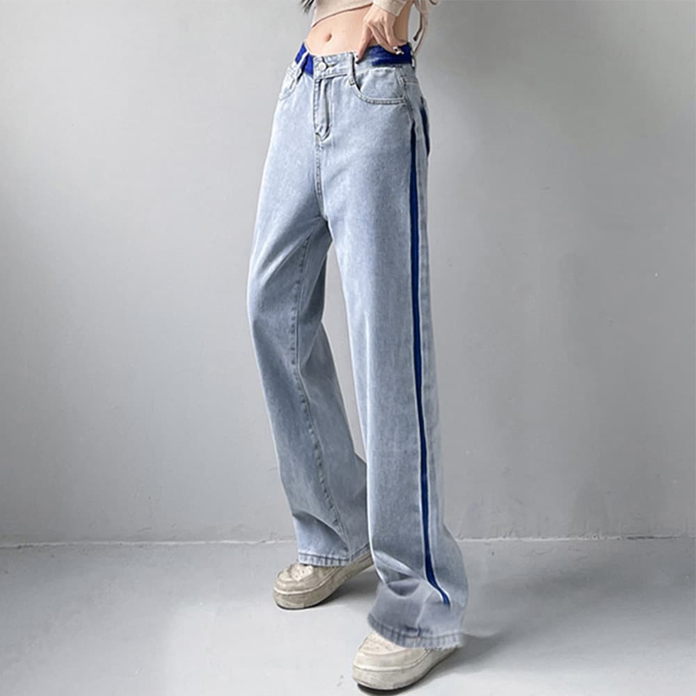 ワークパンツ サイドライン ハイウエストデニム 美脚ストレート