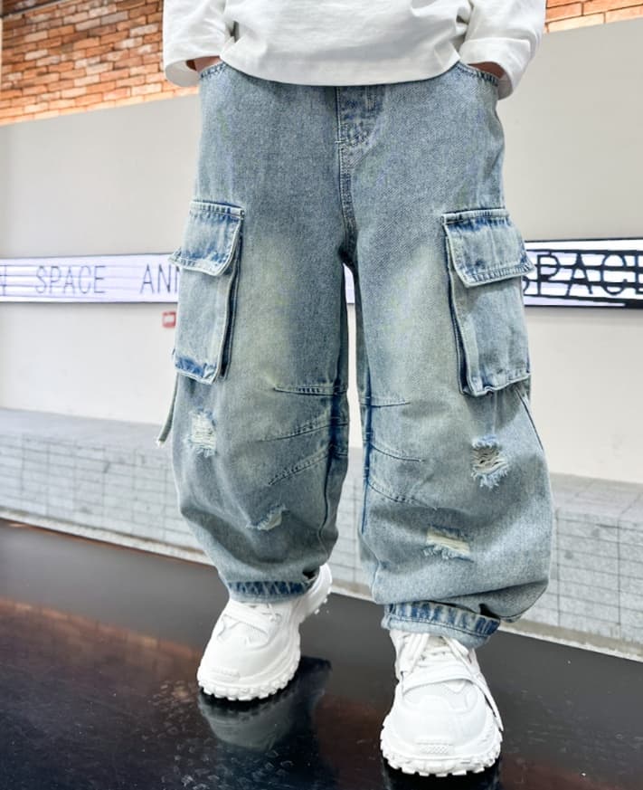 ワークパンツ ダメージ加工ワイドカーゴデニム