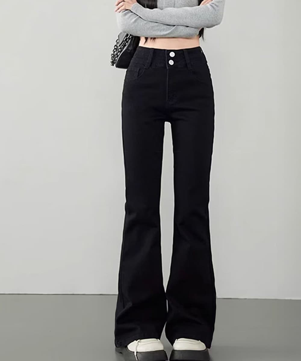 ワークパンツ ハイウエストセミフレアデニム 美脚シルエット
