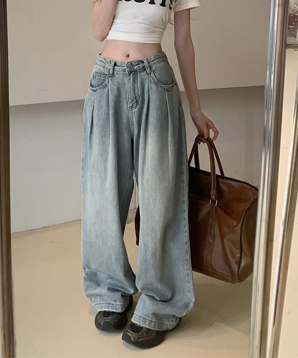 ワークパンツ タック入り美脚デニムワイドパンツ