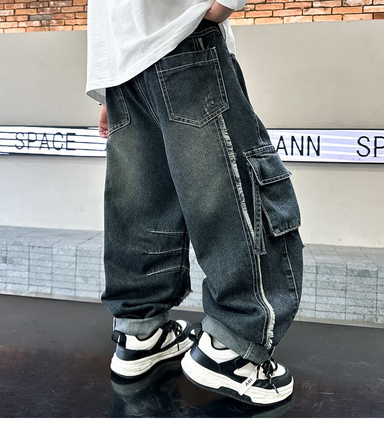 ワークパンツ ダメージ加工ワイドカーゴデニム