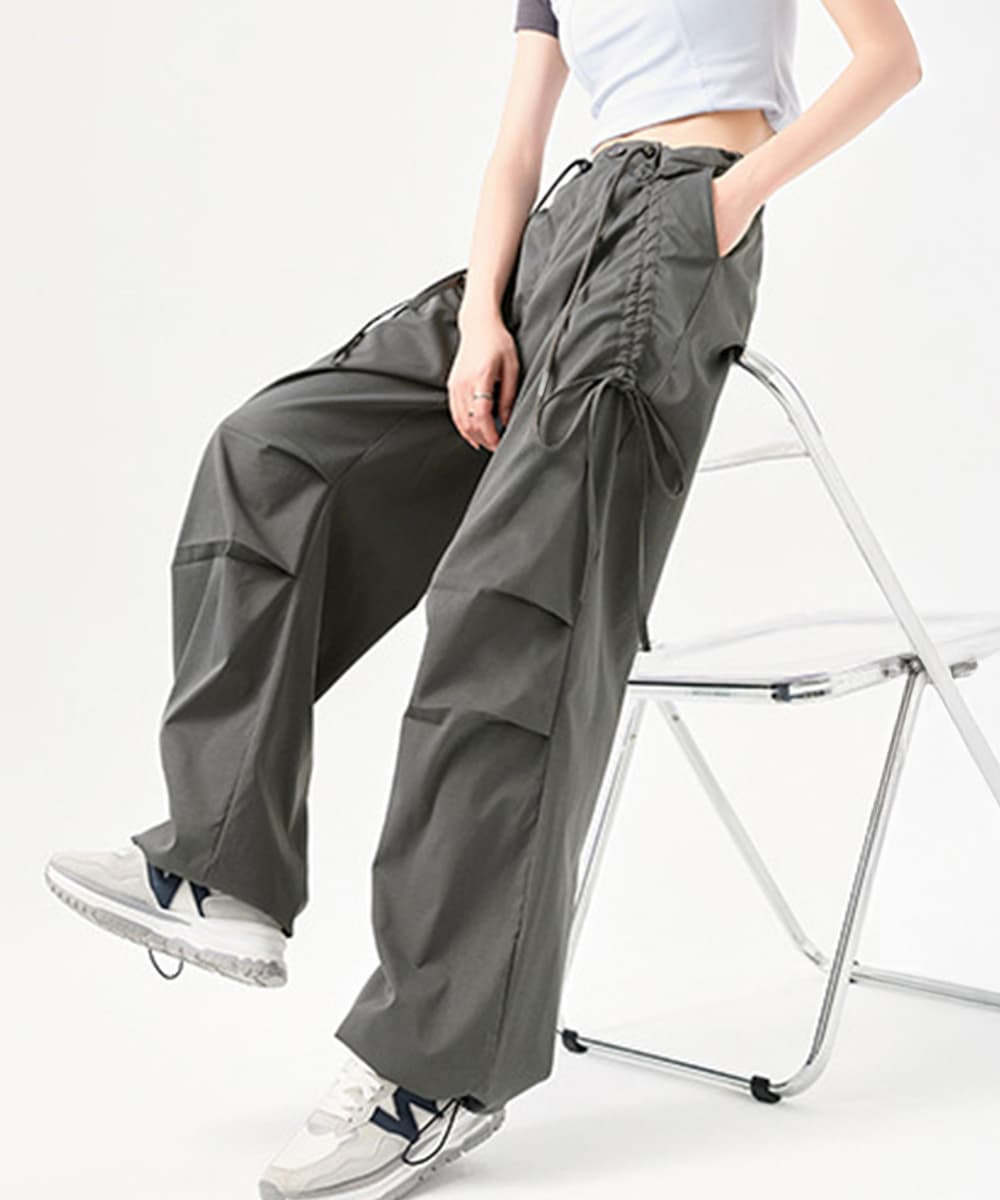 ワークパンツ サイドリボン ワイド カーゴパンツ レディース