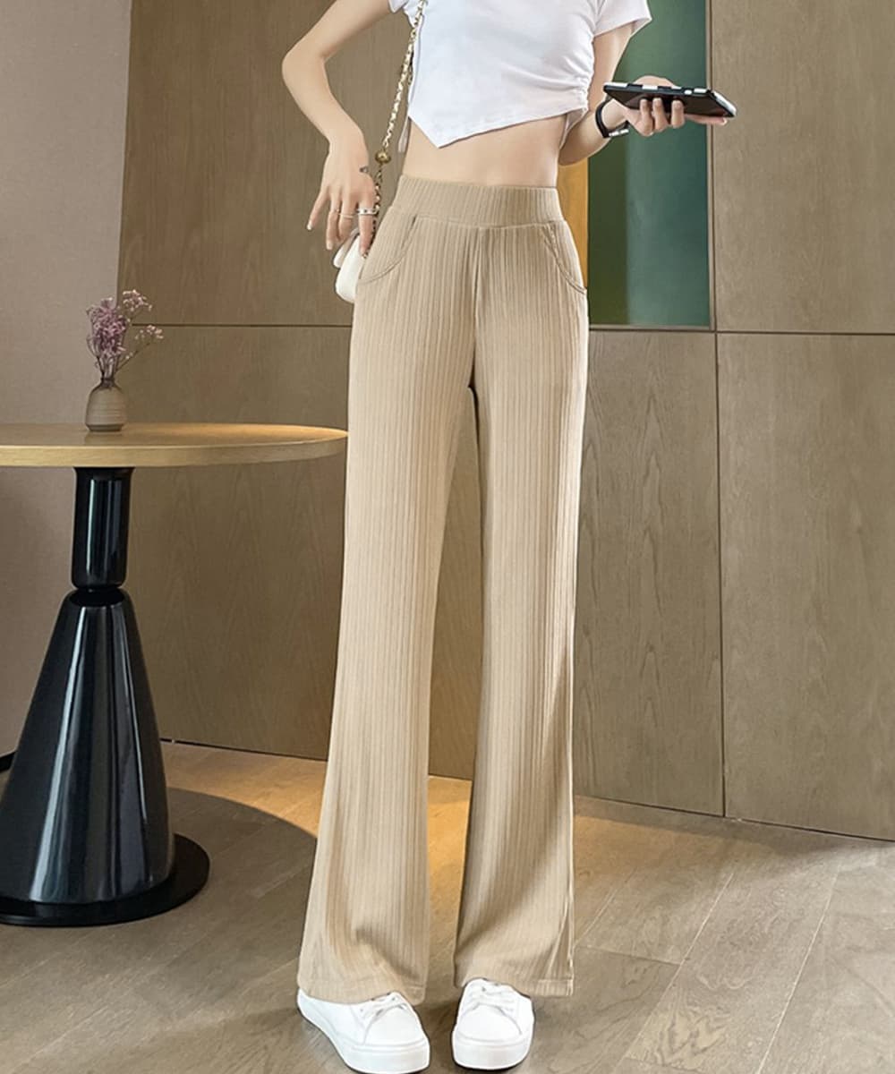 ワークパンツ 美脚効果 レディース リブチノパン セミフレア