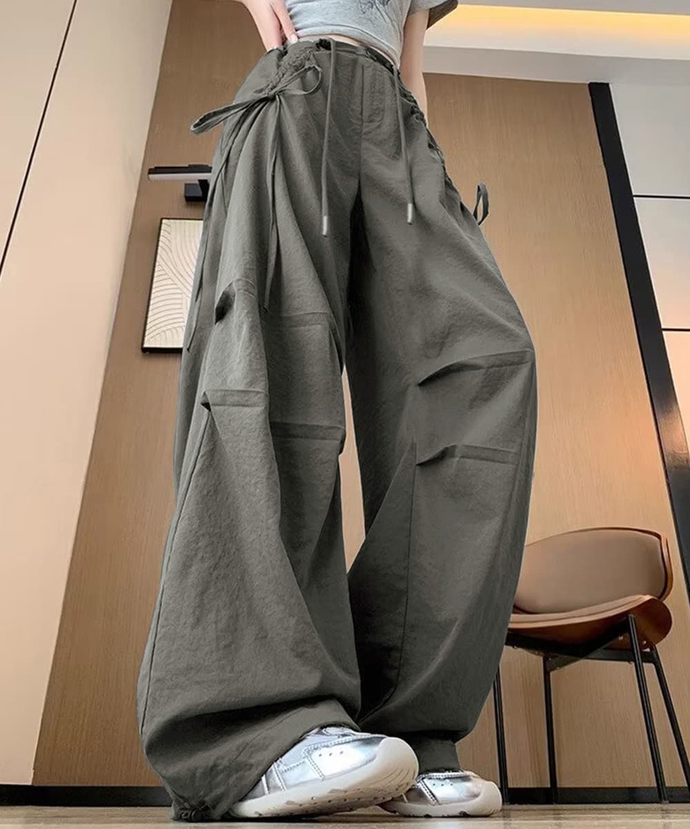 ワークパンツ サイドリボン ワイド カーゴパンツ レディース