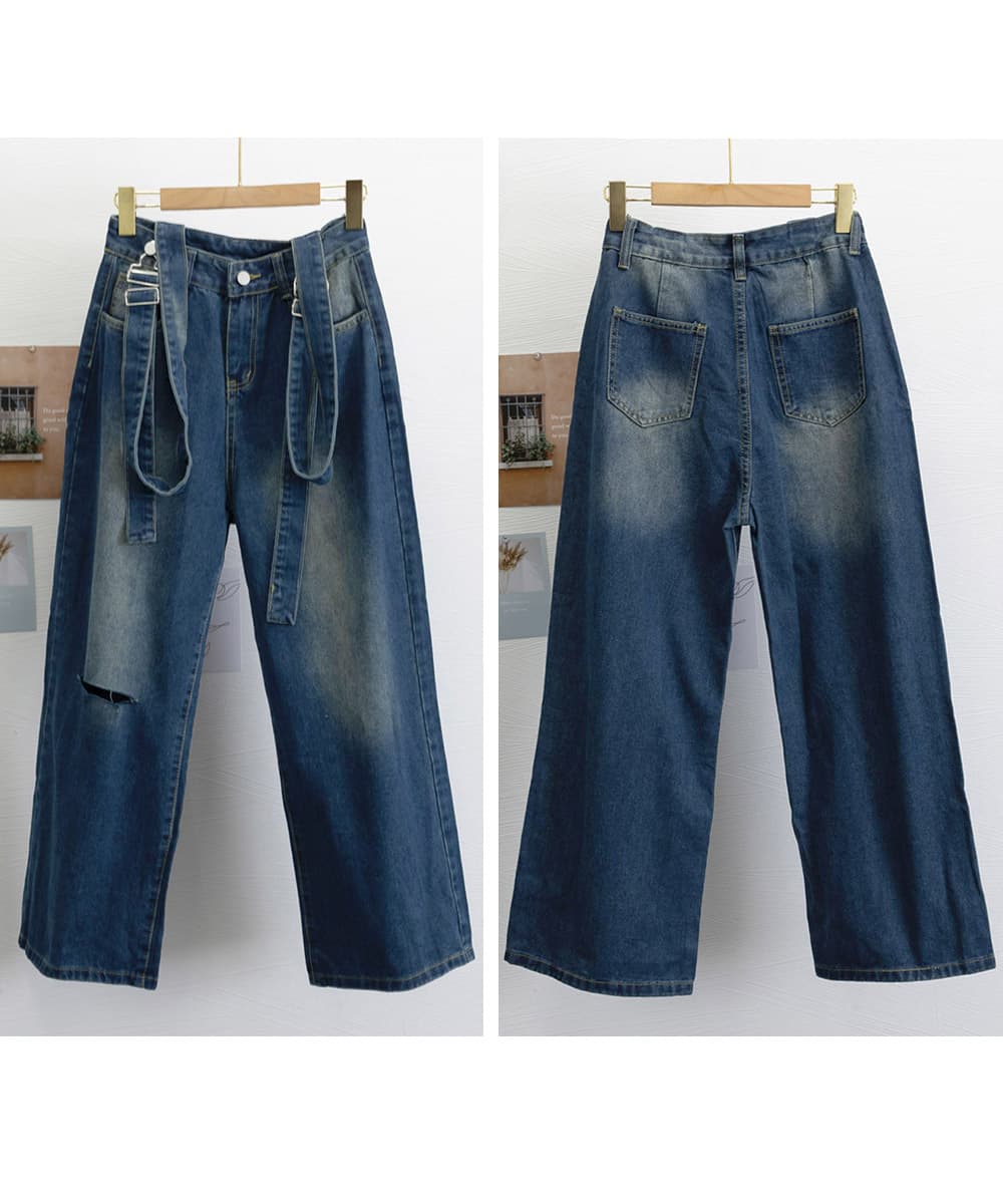 ワークパンツ スリット入りハイウエストデニムサス付きワイドパンツ