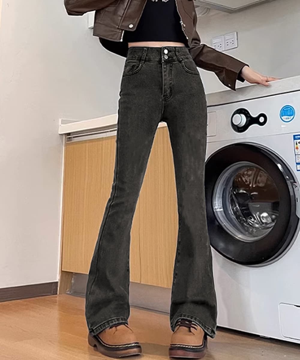 ワークパンツ ハイウエストセミフレアデニム 美脚シルエット