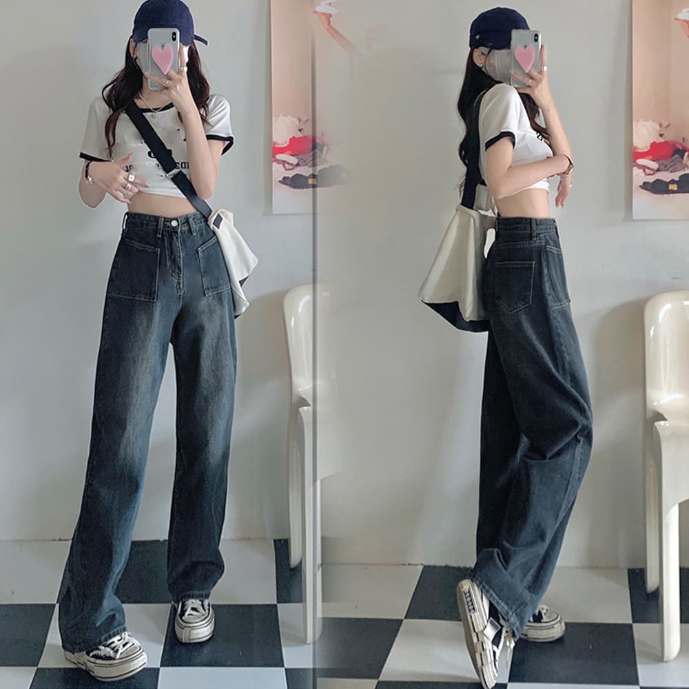 ワークパンツ ヴィンテージ風 ハイウエストデニムワイドパンツ