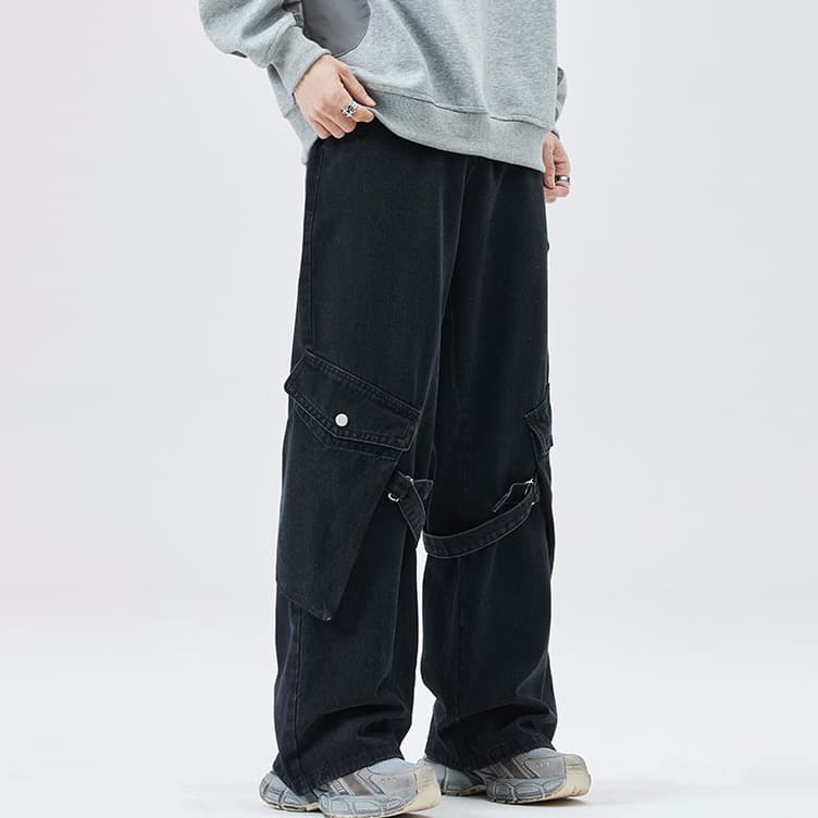 ストラップ付きワイドデニムワークパンツ