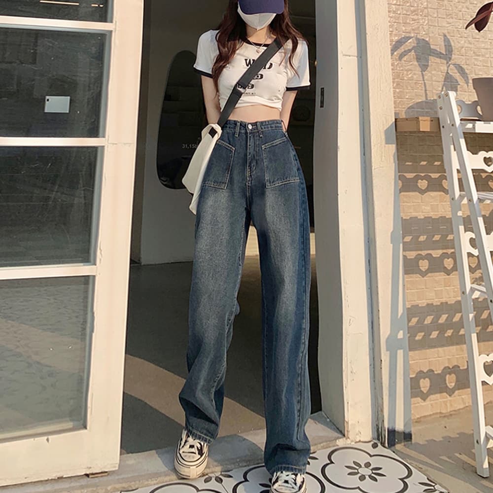 ワークパンツ ヴィンテージ風 ハイウエストデニムワイドパンツ