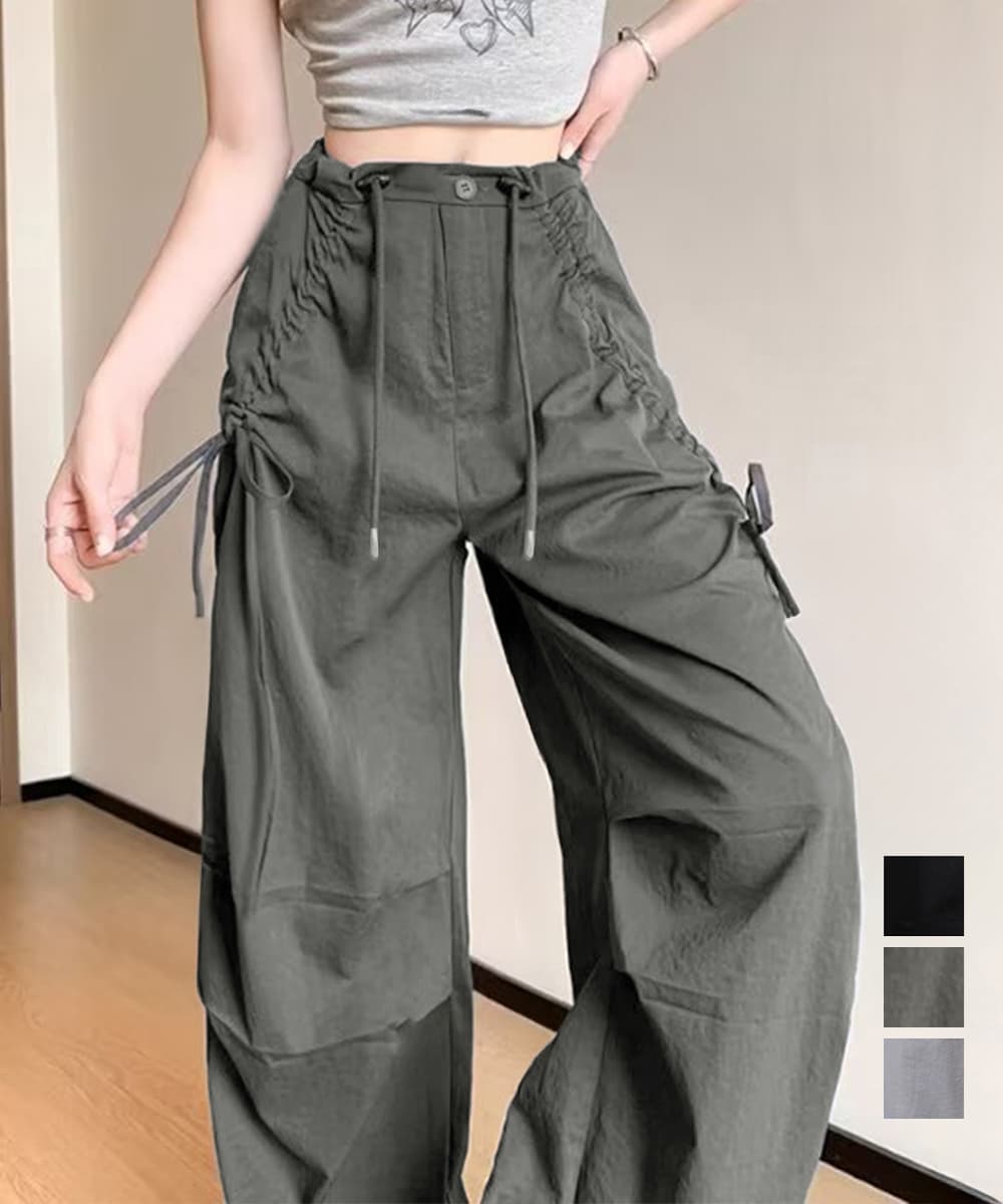 ワークパンツ サイドリボン ワイド カーゴパンツ レディース