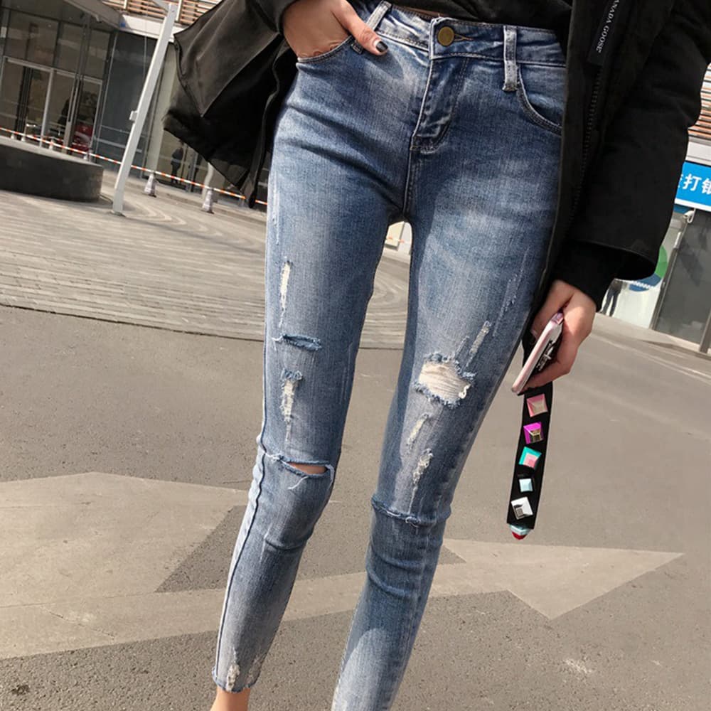 ワークパンツ クラッシュ加工ハイウエストデニムスキニー