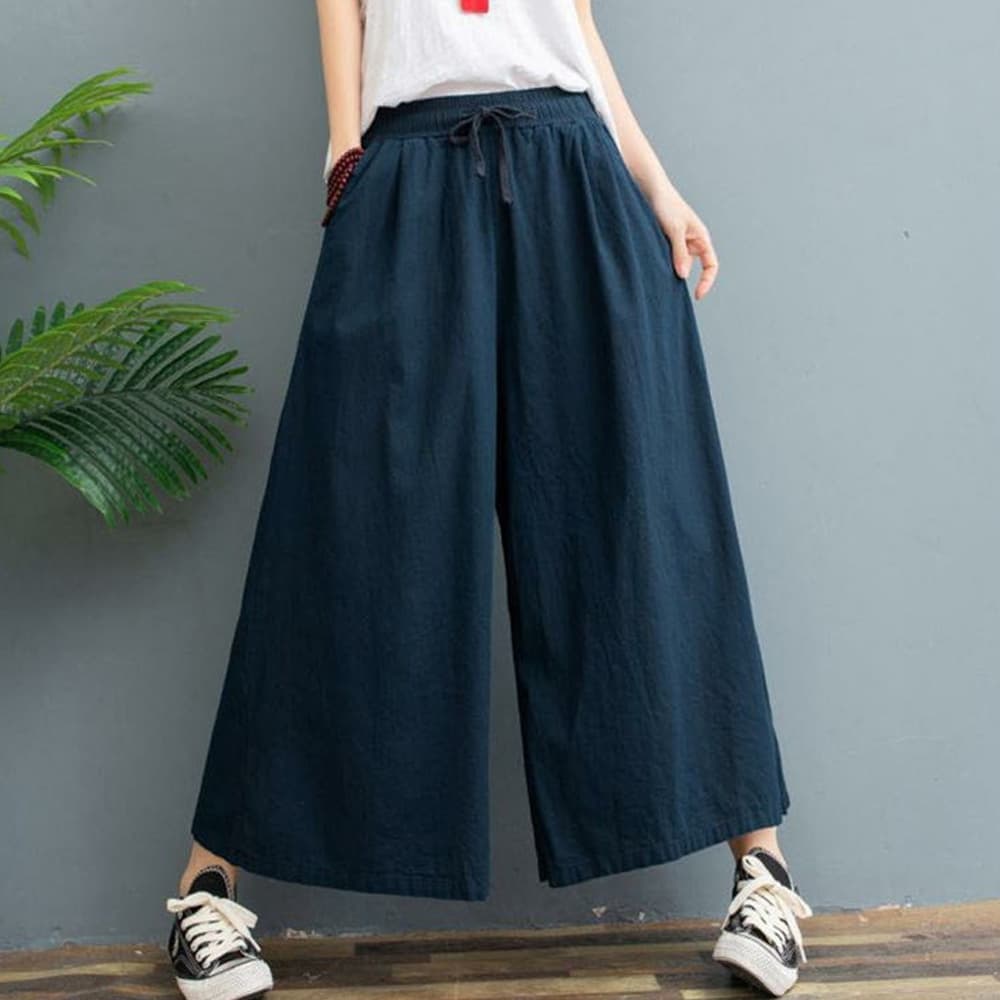 ワークパンツ 麻素材ワイドチノパン ウエストゴム レディース