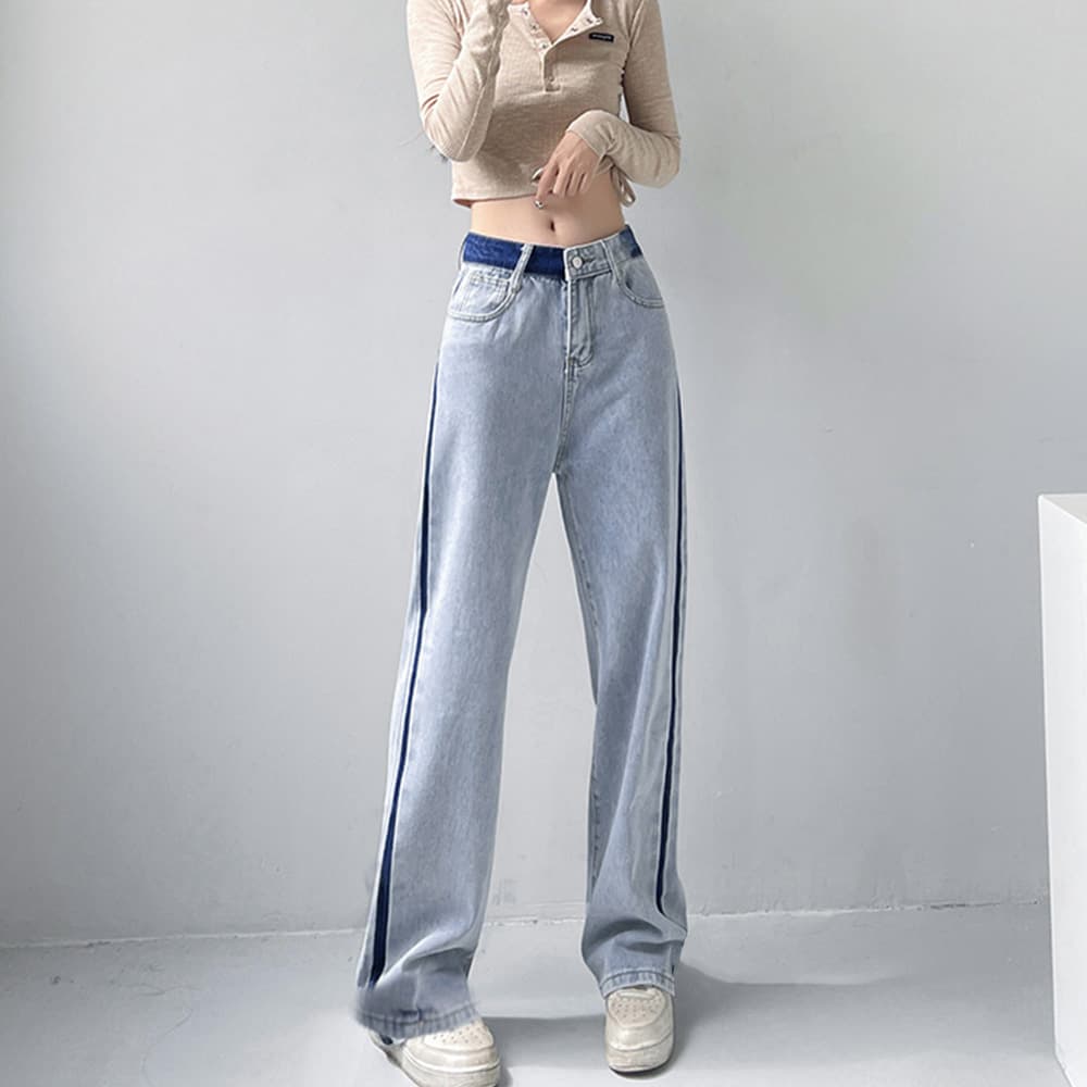 ワークパンツ サイドライン ハイウエストデニム 美脚ストレート