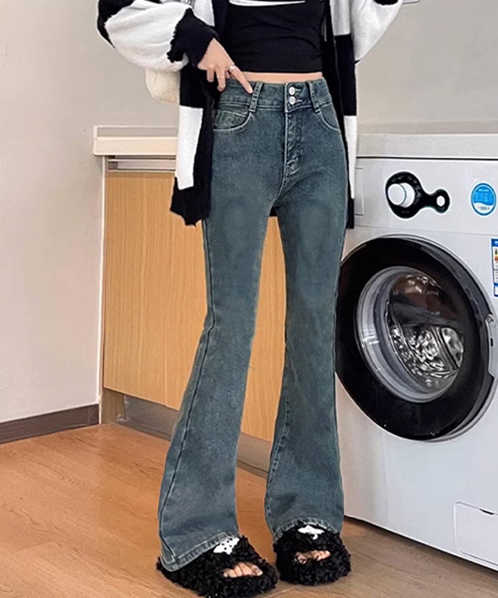 ワークパンツ ハイウエストセミフレアデニム 美脚シルエット