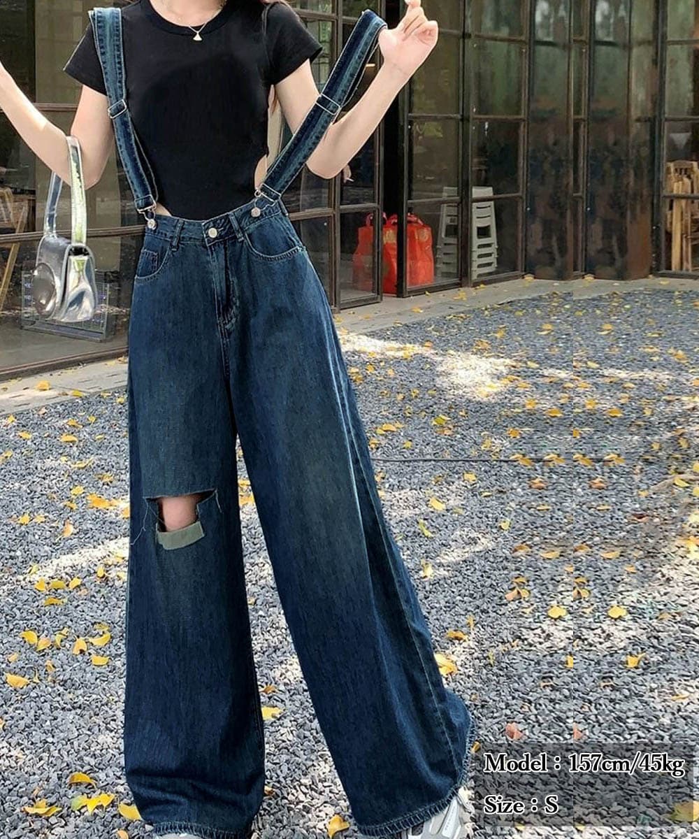ワークパンツ スリット入りハイウエストデニムサス付きワイドパンツ