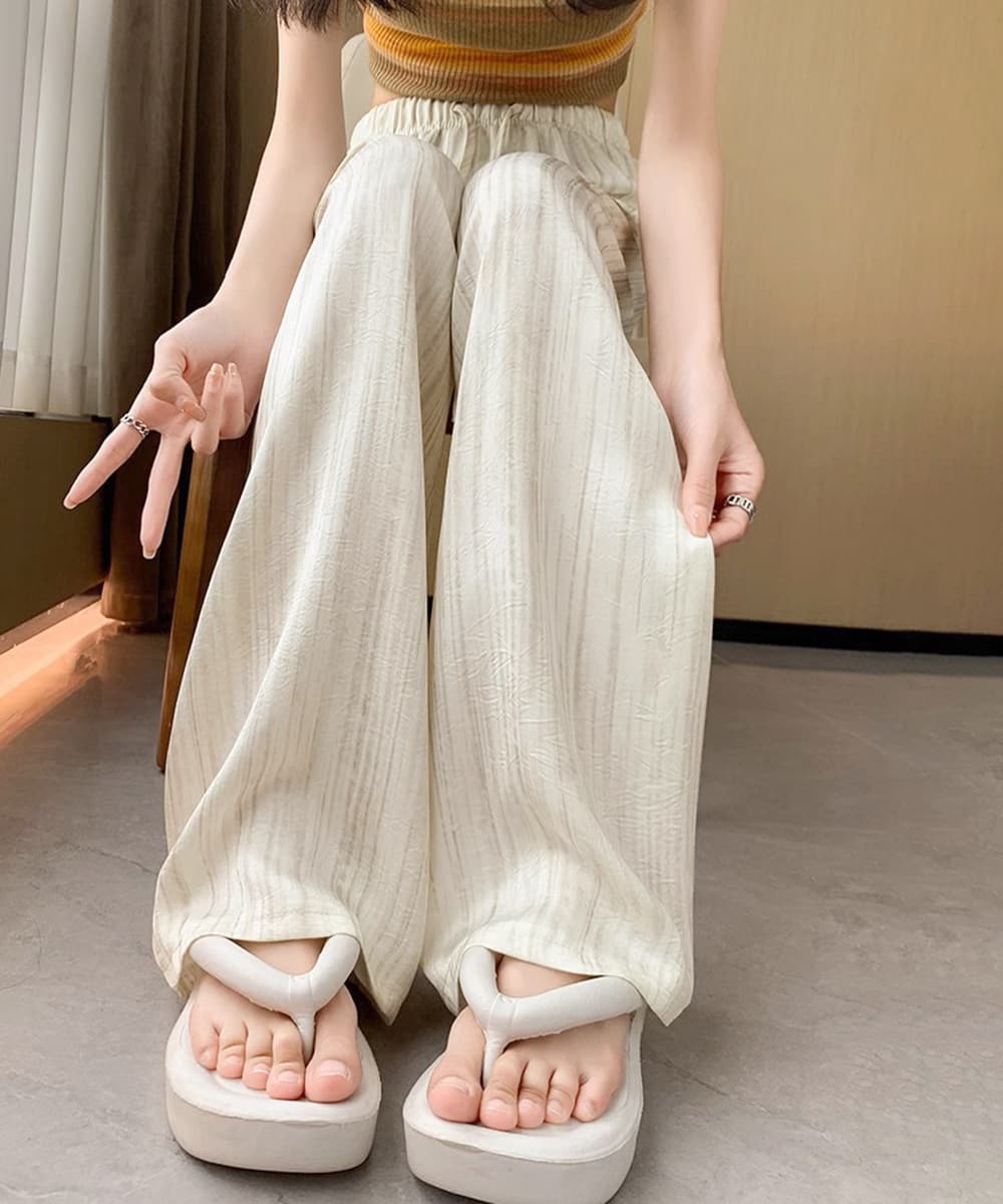 ワークパンツ 水墨風ドレープ ワイドスラックス 夏用